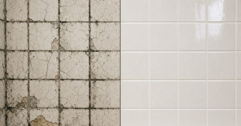 Bathroom tile restoration with clean tiles and refreshed grout